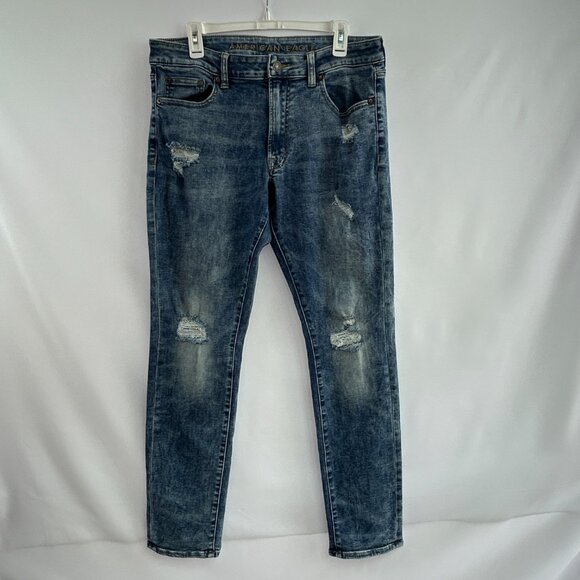 American Eagle Slim Jeans — Y2K Distressed Washed Blue Denim Men's W33 L32 - Picture 2 of 13